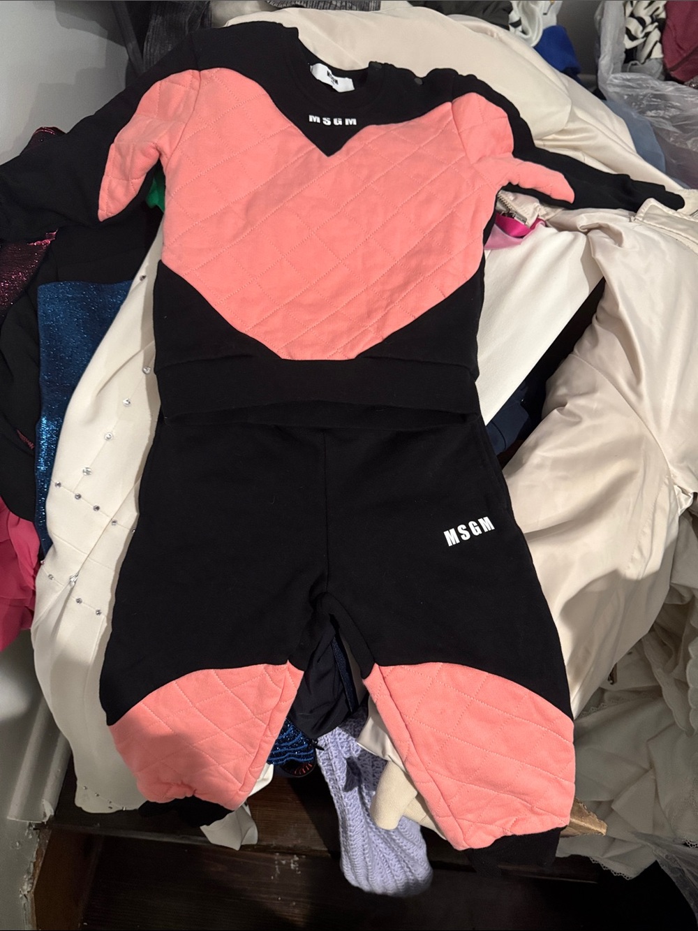 MSGM Black Sweatshirt and Joggers with Coral Heart Panels